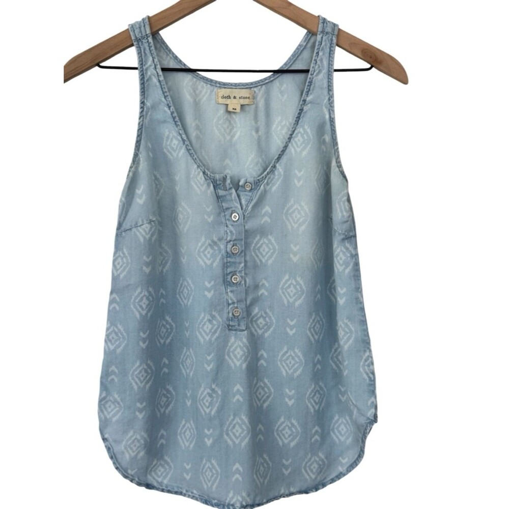 cloth & stone Anthropologie Pale Blue Tribal-Print Button Tank Tencel - Sz XS